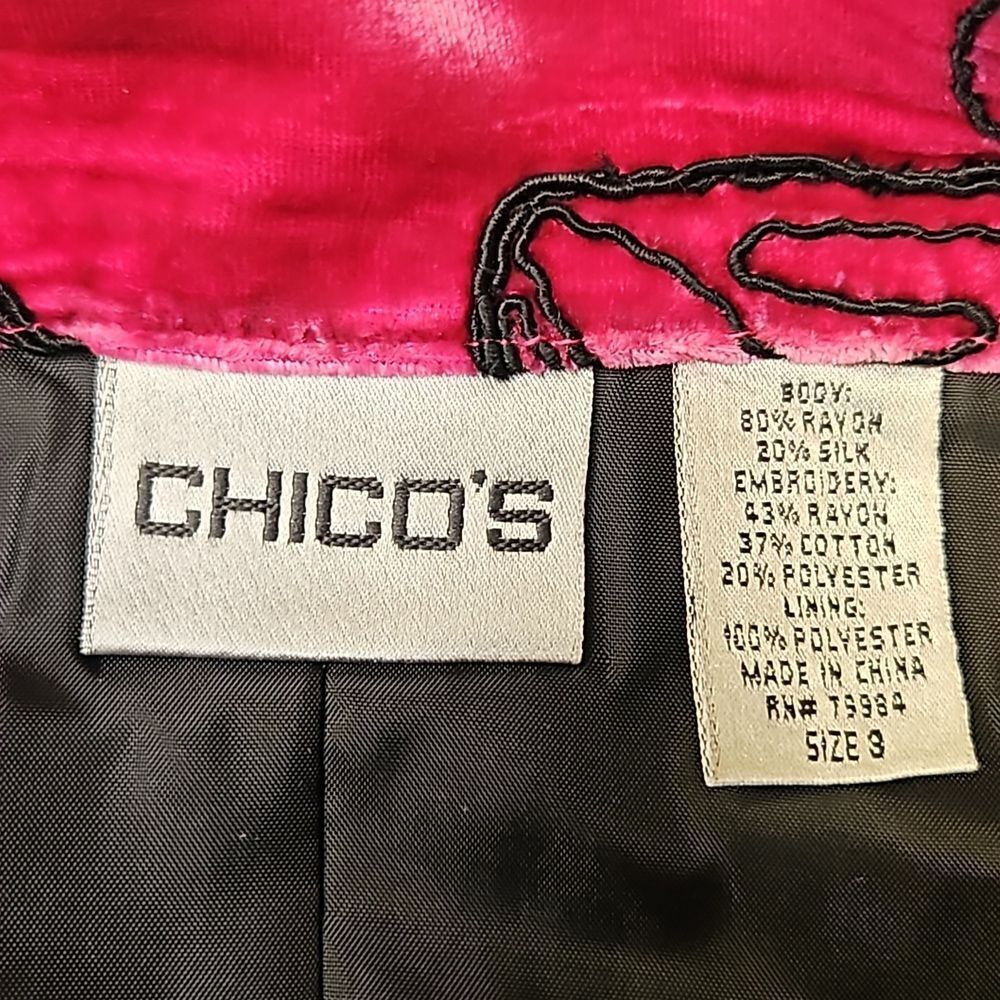 CHICO'S FUSHIA & BLACK NEW embroidered designs  longSleeve velvet silk Jacket - Picture 12 of 17